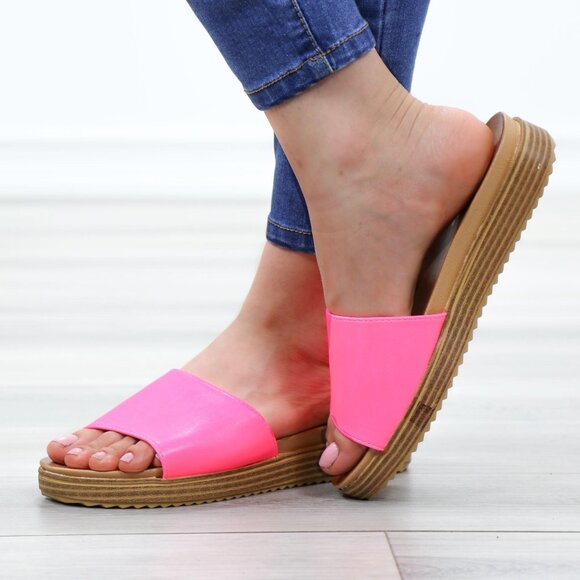 Neon Pink Faux Leather Slip On Comfort Sandal - Picture 10 of 13